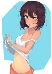 Rule 34 | 1girl, :o, blush, breasts, brown hair, cleavage, clothes around waist, clothes lift, commentary, dark-skinned female, dark skin, girls und panzer, gloves, green eyes, grey gloves, groin, heart, highres, hoshino (girls und panzer), kshimu, lifting own clothes, looking at viewer, medium breasts, navel, one eye closed, shirt, shirt lift, short hair, solo, standing, tank top, upper body, white shirt
