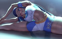 Rule 34 | 1girl, arm up, armlet, armpits, bare shoulders, belly chain, bike shorts, bikini, black hair, blue eyes, blue eyeshadow, blue hair, blue shorts, blush, breasts, commentary request, creatures (company), crop top, crossed arms, dark-skinned female, dark skin, earrings, eyeshadow, game freak, haska (user gure4787), highres, hoop earrings, jewelry, large breasts, long hair, looking at viewer, makeup, midriff, multicolored hair, navel, nessa (pokemon), nintendo, nose blush, one eye closed, open mouth, pokemon, pokemon swsh, shadow, shirt, shorts, sitting, sleeveless, sleeveless shirt, solo, spread legs, steaming body, stretching, sweat, swimsuit, tankini, two-tone hair, white shirt