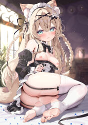 1girl absurdres animal_ear_fluff animal_ears black_bow black_bowtie black_dress black_garter_straps black_ribbon black_sleeves blonde_hair blurry blurry_background blush bow bowtie braid breasts breasts_out cat_ears cat_girl cat_tail censored character_request closed_mouth commission detached_collar detached_sleeves dress feet flower frilled_dress frills full_body garter_straps green_eyes hair_bow hair_flower hair_ornament hair_ribbon highres indoors long_hair long_sleeves looking_at_viewer maid maid_headdress mosaic_censoring nipples no_panties no_shoes nyahu_(nyahu_77) original pussy ribbon sitting skeb_commission skindentation sleeveless sleeveless_dress small_breasts soles solo stirrup_legwear tail thighhighs thighs toeless_legwear toes twin_braids white_flower white_thighhighs yokozuwari