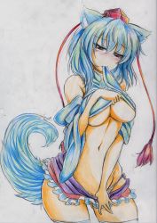 Rule 34 | 1girl, absurdres, animal ears, bad id, bad pixiv id, bare shoulders, blush, breasts, clothes lift, clothes pull, colored pencil (medium), detached sleeves, female focus, hat, highres, inubashiri momiji, kitazinger, mouth hold, navel, shirt lift, short hair, skirt, skirt pull, solo, tail, thighhighs, tokin hat, touhou, traditional media, underboob, white hair, white thighhighs, wolf ears, wolf tail