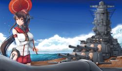 Rule 34 | 10s, 1girl, anchor, battleship, breasts, brown hair, cherry blossoms, chiyo goya, cloud, day, detached sleeves, flower, hair flower, hair ornament, headgear, historical name connection, imperial japanese navy, kantai collection, large breasts, long hair, military, military vehicle, miniskirt, name connection, object namesake, ocean, oil-paper umbrella, pleated skirt, ponytail, radar, radio antenna, red skirt, ship, skirt, solo, turret, type 96, umbrella, very long hair, warship, watercraft, wooden deck, yamato (battleship), yamato (kancolle)
