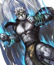 Rule 34 | 1boy, abs, animal ears, bara, body hair, bulge, cowboy shot, dopey (dopq), furry, furry male, grey hair, headband, highres, horkeu kamui, jacket, jacket on shoulders, large pectorals, male focus, manly, multicolored hair, muscular, pectorals, revealing clothes, simple background, solo, thighs, tokyo houkago summoners, topless male, upper body