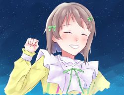 Rule 34 | 1girl, artist name, artist request, blue sky, blush, bow, bowtie, breasts, brown hair, clenched hand, closed eyes, cloud, collar, dress, female focus, frilled collar, frilled sleeves, frills, green bow, green ribbon, grey hair, hair bow, hair ribbon, highres, light brown hair, long sleeves, looking at viewer, love live!, love live! nijigasaki high school idol club, love live! school idol festival, mutekikyuu believer, nakasu kasumi, neck ribbon, neck ruff, night, night sky, outdoors, parted lips, plaid, plaid dress, pleated, pleated dress, puffy long sleeves, puffy sleeves, ribbon, short hair, sky, sleeves past wrists, small breasts, smile, solo, star (sky), striped clothes, striped dress, teeth, upper body, vertical-striped clothes, vertical-striped dress, white detached collar, yellow dress
