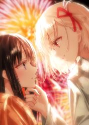 Rule 34 | 2girls, absurdres, aerial fireworks, black hair, blonde hair, blurry, blurry background, commentary, eye contact, fireworks, hair ribbon, hand on another&#039;s chin, highres, inoue takina, japanese clothes, kimono, long hair, long sleeves, looking at another, lycoris recoil, multiple girls, nishikigi chisato, obake (amimonoobake), one side up, orange kimono, parted lips, purple eyes, red eyes, red ribbon, ribbon, short hair, sidelocks, teeth, upper body, white kimono, wide sleeves, yukata, yuri