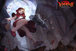 Rule 34 | 1girl, \m/, basket, blonde hair, blue eyes, bow, buck teeth, bulleta, capelet, character name, copyright name, dress, flat chest, from below, full moon, gun, holding, holding weapon, kim han seul, moon, red bow, red dress, red footwear, red hood, shell casing, shoes, short hair, smoke, smoking barrel, solo, submachine gun, teeth, vampire (game), weapon