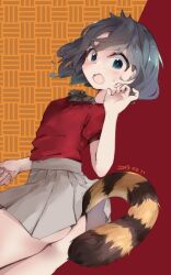 Rule 34 | 1girl, :o, adapted costume, aqua eyes, ass, bare arms, black hair, commentary request, dated, highres, kaban (kemono friends), kemono friends, looking at viewer, nanana (nanana iz), open mouth, pleated skirt, red shirt, shirt, short hair, short sleeves, skirt, solo, striped tail, tail, wavy mouth, white skirt
