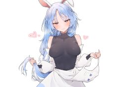 Rule 34 | 1girl, absurdres, airenif, animal ears, black bodysuit, blue hair, blush, bodysuit, breasts, closed mouth, clothes lift, detached sleeves, dress, dress lift, heart, heart-shaped pupils, heavy breathing, highres, hololive, lifted by self, light blue hair, long sleeves, looking at viewer, medium breasts, multicolored hair, parted bangs, pekomama, puffy long sleeves, puffy sleeves, purple eyes, rabbit ears, simple background, solo, streaked hair, symbol-shaped pupils, upper body, virtual youtuber, white background, white dress, white hair, white sleeves