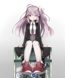Rule 34 | 1girl, absurdres, boots, cigarette, closed mouth, full body, gradient background, grey skirt, headphones, highres, jacket, long hair, long sleeves, looking at viewer, maidcode1023, monstercat, necktie, original, purple hair, red eyes, shirt, simple background, sitting, skirt, smile, smoke, solo, thighhighs, white shirt, white thighhighs
