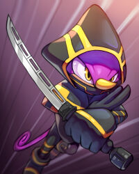 Rule 34 | 1boy, absurdres, alternate costume, black gloves, black pants, black shirt, boots, cosplay, crossover, espio the chameleon, gloves, highres, holding, holding sword, holding weapon, horns, kuji-in, marvel, mask, mouth mask, ninja mask, pants, ronin (marvel), ronin (marvel) (cosplay), ry-spirit, shirt, single horn, solo, sonic (series), sword, tail, weapon, yellow eyes
