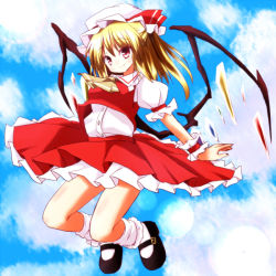 Rule 34 | 1girl, ascot, blonde hair, blue sky, cloud, day, flandre scarlet, hat, hat ribbon, jumping, looking at viewer, misoshiru (meridianchild312), mob cap, pink eyes, puffy sleeves, ribbon, shirt, short sleeves, skirt, sky, smile, solo, touhou, vest, wings, wrist cuffs