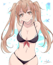Rule 34 | 1girl, adapted costume, arms behind back, bikini, black bikini, breasts, brown eyes, cleavage, cowboy shot, front-tie bikini top, front-tie top, gakky, kantai collection, large breasts, light brown hair, long hair, murasame (kancolle), one-hour drawing challenge, solo, swimsuit, twintails