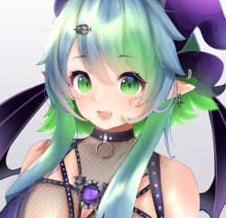 Rule 34 | 1girl, apricot the lich, apricot the lich (1st costume), aqua eyes, aqua hair, bat wings, breasts, cleavage, cleavage cutout, clothing cutout, highres, horns, jewelry, lich, me o wy, medium breasts, pointy ears, short hair, smile, solo, virtual youtuber, vshojo, wings
