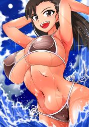 Rule 34 | 10s, 1girl, arm behind head, armpits, arms up, asymmetrical bangs, bikini, blue sky, breasts, brown bikini, brown eyes, brown hair, cloud, cloudy sky, commentary request, cowboy shot, day, diffraction spikes, girls und panzer, groin, highres, large breasts, long hair, looking at viewer, navel, nishi kinuyo, ocean, open mouth, outdoors, polka dot, polka dot bikini, side-tie bikini bottom, sky, smile, solo, sparkle, splashing, standing, swimsuit, upper body, wading, water drop, wet, zasshu nigou