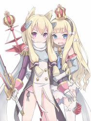 Rule 34 | 2girls, animal ears, arm grab, azur lane, black panties, blonde hair, blue eyes, blunt bangs, blush, bow, closed mouth, commentary request, crown, detached collar, detached sleeves, elbow gloves, gloves, grey gloves, hair between eyes, hair bow, hair ornament, hairband, highres, holding, holding sword, holding weapon, kimagure blue, long hair, long sleeves, looking at viewer, multiple girls, nose blush, open mouth, panties, purple eyes, queen elizabeth (azur lane), ringlets, scarf, sidelocks, simple background, sweat, sword, thighhighs, underwear, v-shaped eyebrows, very long hair, warspite (azur lane), wavy mouth, weapon, white background, white bow, white gloves, white legwear, white scarf