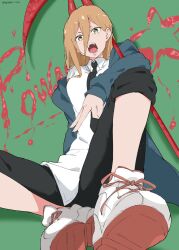 Rule 34 | 1girl, black necktie, black pants, blonde hair, breasts, chainsaw man, character name, collared shirt, cross-shaped pupils, demon girl, demon horns, english text, from below, grey sweater, hair between eyes, highres, horns, large breasts, long hair, long sleeves, looking at viewer, necktie, off shoulder, on floor, open mouth, pants, pants rolled up, power (chainsaw man), red horns, ringed eyes, scythe, sharp teeth, shirt, shirt partially tucked in, shoes, sneakers, star (symbol), sweater, symbol-shaped pupils, teeth, white gorilla (okamoto), white shirt, yellow eyes