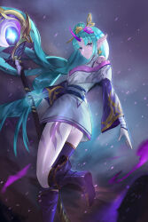 Rule 34 | 1girl, absurdres, arm tattoo, bad anatomy, bad leg, bare shoulders, blue eyes, earrings, frown, green hair, hair bun, hair ornament, hair stick, highres, holding, holding staff, horns, japanese clothes, jewelry, kimono, league of legends, leg tattoo, long hair, long sleeves, mole, mole under eye, official alternate costume, outdoors, panties, pointy ears, purple horns, single hair bun, single horn, solo, soraka (league of legends), spirit blossom soraka, staff, standing, tattoo, twisted torso, underwear, white panties, yami (rear4742)