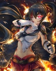 Rule 34 | 10s, 1girl, backlighting, bare shoulders, battle, belt, black hair, blood, blood on clothes, blood on face, breasts, cleavage, collarbone, cowboy shot, fire, floating hair, glint, gloves, glowing, glowing eye, hair between eyes, hair ornament, hair scrunchie, impossible clothes, impossible shirt, injury, kantai collection, large breasts, long hair, looking at viewer, machinery, miniskirt, miyabi urumi, navel, one eye closed, pleated skirt, ponytail, red eyes, red skirt, school uniform, scratches, scrunchie, serafuku, serious, shirt, skirt, sleeveless, sleeveless shirt, smoke, solo, sparks, standing, stomach, torn clothes, torn gloves, torn shirt, torn skirt, turret, very long hair, white gloves, wind, wiping mouth, yahagi (kancolle)