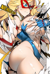 Rule 34 | american flag, american flag print, ass, bare shoulders, blonde hair, blue eyes, blush, grabbing another&#039;s breast, breasts, cleavage, closed mouth, collar, constricted pupils, covering privates, covering breasts, cowboy shot, curvy, deep skin, earrings, embarrassed, eye mask, fingerless gloves, flag print, forehead, from below, gloves, grabbing, grabbing own breast, highres, huge breasts, jewelry, kamen america, kamen america (comic), leotard, long hair, looking at breasts, narrowed eyes, navel, nichigeckoh, solo, star (symbol), star earrings, surprised, sweatdrop, torn clothes, underboob, unlikely accident, wardrobe malfunction
