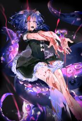 Rule 34 | 1girl, absurdres, aura, black dress, blood, blood in hair, blood on arm, blood on clothes, blood on face, blood on hands, blood on leg, blue eyes, blue hair, bow, cropped, crystal, dress, dripping, floating, floating object, frilled dress, frills, grey bow, hair between eyes, hair bow, heart, highres, long hair, looking at viewer, medium hair, multicolored eyes, multicolored hair, nykim0915, open mouth, original, pink eyes, pink hair, purple eyes, purple hair, sitting, sleeves rolled up, solo, suction cups, teeth, tentacles, transparent, white bow