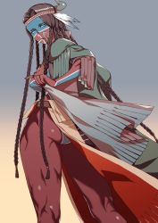 Rule 34 | 1girl, absurdres, ass, belt, blue eyes, bodypaint, braid, breasts, brown hair, cigarette, fate/grand order, fate (series), forehead, genderswap, genderswap (mtf), geronimo (fate), geronimo (third ascension) (fate), grey background, headband, highres, horns, jewelry, long hair, muscular, muscular female, necklace, rokkotsu, simple background, solo, very long hair