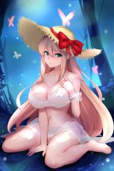 Rule 34 | 1girl, barefoot, bikini, blonde hair, blush, bracelet, breasts, cleavage, dungeon and fighter, grin, hair between eyes, hat, jewelry, knight (dungeon and fighter), long hair, looking at viewer, navel, shaojiang, sitting, smile, solo, straw hat, swimsuit, wariza