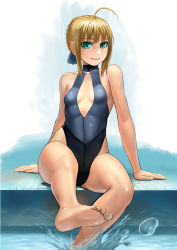 Rule 34 | 1girl, ahoge, alternate costume, artoria pendragon (all), artoria pendragon (fate), barefoot, blonde hair, breasts, cleavage, fate/stay night, fate (series), front zipper swimsuit, green eyes, highleg, highleg swimsuit, lasterk, meme attire, one-piece swimsuit, poolside, saber (fate), sitting, small breasts, smile, soaking feet, soles, solo, swimsuit, toes, water