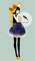 Rule 34 | 1girl, akakura, bird, black hair, black pantyhose, hat, high heels, long hair, original, pantyhose, personification, simple background, solo, typo
