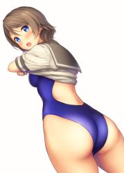 Rule 34 | 1girl, ass, ass focus, back, blue eyes, blue one-piece swimsuit, blush, breasts, competition swimsuit, cowboy shot, curvy, dutch angle, embarrassed, female focus, grey hair, highres, hip focus, looking at viewer, love live!, love live! sunshine!!, medium breasts, one-piece swimsuit, open mouth, school uniform, serafuku, serizawa (serizawaroom), short hair, simple background, solo, swimsuit, swimsuit under clothes, thick thighs, thighs, tongue, uranohoshi school uniform, watanabe you, white background, wide hips