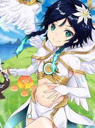 Rule 34 | 1boy, bard, blue hair, braid, contemporary, elbow gloves, feathered wings, feathers, flower, genshin impact, gloves, gradient hair, green eyes, hair flower, hair ornament, highres, hood, looking at viewer, lyre, male focus, multicolored hair, navel, rinse 7, slime, smile, solo, trap, twin braids, venti (archon) (genshin impact), venti (genshin impact), wings