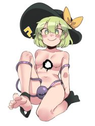 Rule 34 | 1girl, ?, black hat, black socks, bow, bright pupils, closed mouth, feet, full body, green eyes, hair between eyes, hat, hat bow, hole in chest, hole on body, komeiji koishi, light green hair, mismatched pupils, navel, nude, nyong nyong, simple background, single sock, smile, socks, solo, stitches, third eye, touhou, white background, white pupils, yellow bow