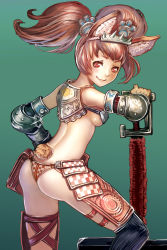 Rule 34 | 1girl, animal ears, armor, ass, bikini armor, black thighhighs, blush, breasts, cherokee (1021tonii), gauntlets, highres, looking at viewer, red eyes, red hair, small breasts, smile, solo, tail, thighhighs, thong, underboob