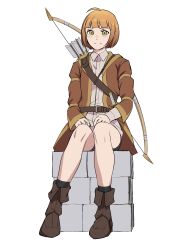 1girl absurdres ahoge anessa_(s-rank_musume) belt black_shorts blush boots boukensha_ni_naritai_to_miyako_ni_deteitta_musume_ga_s_rank_ni_natteta bow_(weapon) brown_boots brown_eyes brown_jacket closed_mouth dagger eyebrows_hidden_by_hair flat_chest full_body highres jacket knife looking_at_viewer orange_hair quiver shirt shorts simple_background sitting smile solo tomokoeshi weapon weapon_on_back white_background white_shirt