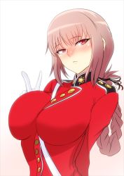 Rule 34 | 1girl, :&lt;, arm behind back, belt, blush, braid, breasts, buttons, fate/grand order, fate (series), florence nightingale (fate), gloves, hair ribbon, hand up, highres, jacket, jitome, kawabata yoshihiro, large breasts, long hair, military, military uniform, nose blush, pink hair, red eyes, red jacket, ribbon, simple background, single braid, solo, uniform, v, white background, white gloves