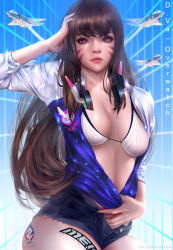 Rule 34 | 1girl, absurdres, acronym, aircraft, airplane, artist name, bearwitch, bikini, bikini top only, blue background, breasts, brown eyes, brown hair, character name, clothes writing, copyright name, cowboy shot, d.va (overwatch), emblem, eyelashes, eyeshadow, facepaint, facial mark, fighter jet, grid background, hand on own head, headphones, headphones around neck, highres, jet, long hair, looking at viewer, makeup, military, military vehicle, nose, open fly, overwatch, overwatch 1, pantyhose, pink lips, realistic, shiny clothes, shirt tug, short shorts, shorts, small breasts, solo, sparkle, string bikini, swept bangs, swimsuit, unbuttoned, whisker markings, white bikini, white pantyhose