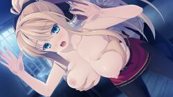 Rule 34 | 1girl, against fourth wall, aikawa tatsuki, arena alseif, bent over, blonde hair, blue eyes, blush, grabbing another&#039;s breast, breasts, eyebrows hidden by hair, game cg, grabbing, grabbing from behind, hands up, high ponytail, indoors, large breasts, legs, long hair, looking at viewer, night, nipples, no bra, open mouth, pantyhose, ryuukishi bloody saga, skirt, thighs, topless, unaligned breasts