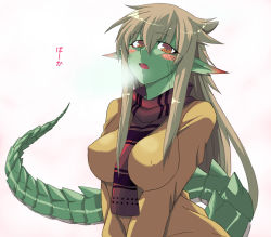 Rule 34 | 1girl, between breasts, blush, breasts squeezed together, breasts, breath, casual, cold, colored skin, dragon girl, dragon tail, dragonian sempai, covered erect nipples, fang, green skin, impossible clothes, large breasts, light brown hair, long hair, long pointy ears, looking at viewer, messy hair, monster girl, ooike teru, original, pointy ears, red eyes, reptilian, ryuujin no senpai, scales, scarf, soles, solo, tail, translated, v arms, very long hair