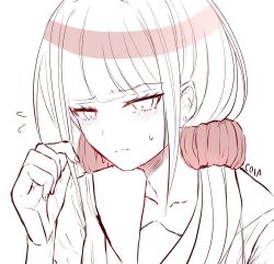 Rule 34 | 1girl, artist name, blush, c01a (cola), closed mouth, collarbone, commentary, danganronpa (series), danganronpa v3: killing harmony, flying sweatdrops, frown, hair over shoulder, hand up, harukawa maki, long hair, low twintails, mole, mole under eye, monochrome, playing with hair, red scrunchie, sailor collar, scrunchie, simple background, sketch, solo, spot color, sweatdrop, twintails, upper body, white background