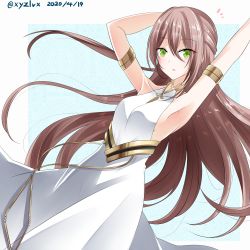Rule 34 | 1girl, adele (fate), armpits, arms up, bare shoulders, blue background, blush, breasts, brown hair, collarbone, commentary request, covered collarbone, dated, dress, fate/grand order, fate (series), green eyes, hair between eyes, hebitsukai-san, highres, long hair, looking at viewer, medium breasts, parted lips, sleeveless, sleeveless dress, solo, twitter username, two-tone background, very long hair, white background, white dress