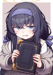 Rule 34 | 1girl, absurdres, black hair, blue archive, blue eyes, blue hairband, blue ribbon, blush, book, cardigan, crossed bangs, hair between eyes, hair ribbon, hairband, halo, highres, holding, holding book, long hair, long sleeves, looking at viewer, low twintails, namaata, parted lips, ribbon, sailor collar, school uniform, serafuku, simple background, solo, twintails, twitter username, two-tone background, ui (blue archive), upper body, very long hair, white sailor collar