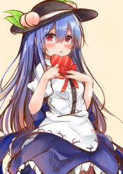Rule 34 | 1girl, :o, bad id, bad nicoseiga id, black hat, blue hair, blush, bow, food, fruit, gift, hat, heart, hinanawi tenshi, leaf, long hair, looking at viewer, open mouth, peach, red bow, red eyes, red ribbon, ribbon, solo, touhou, valentine, yuhito (ablbex)