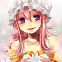 Rule 34 | 00s, 1girl, :d, bare shoulders, blush, casshern (series), casshern sins, collarbone, dress, flower, holding, looking at viewer, lowres, nico, nico (casshern sins), open mouth, pink eyes, pink hair, sidelocks, sleeveless, sleeveless dress, smile, solo, tareme