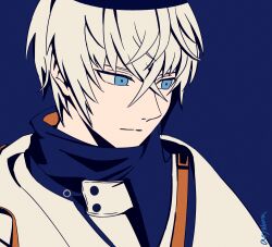 Rule 34 | 1boy, arknights, blue background, blue eyes, closed mouth, commentary request, executor (arknights), hair between eyes, haiteng, jacket, looking away, male focus, signature, simple background, solo, white hair, white jacket