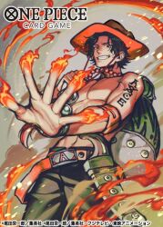 Rule 34 | 1boy, arm tattoo, bag, belt, black hair, bracelet, commentary request, copyright name, cowboy shot, elbow pads, fire, hat, jewelry, log pose, looking at viewer, male focus, necklace, official art, one piece, one piece card game, orange hat, pearl necklace, portgas d. ace, short hair, shoulder bag, single elbow pad, smile, smoke, solo, sunohara (encount), tattoo, topless male