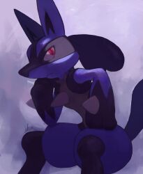 Rule 34 | 1boy, animal ears, animal hands, artist name, black fur, blue fur, body fur, closed mouth, creatures (company), furry, furry male, game freak, gen 4 pokemon, hand on own chin, hand on own hip, hand up, head rest, highres, ikei, looking up, lucario, male focus, multicolored fur, nintendo, pokemon, pokemon (creature), purple background, red eyes, signature, simple background, snout, solo, spikes, tail, thinking, wolf boy, wolf ears, wolf tail, yellow fur