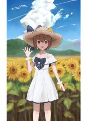 Rule 34 | 1girl, :d, absurdres, brown eyes, brown hair, brown hat, dress, flower, hat, highres, kantai collection, looking at viewer, official alternate costume, open mouth, shiranona, short hair, smile, solo, straw hat, sunflower, white dress, yukikaze (kancolle)
