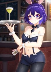 Rule 34 | 1girl, :3, bare shoulders, between fingers, black collar, black pantyhose, black shorts, blue eyes, blue hair, blush, breasts, brick wall, card, cleavage, closed mouth, cocktail glass, collar, collarbone, commentary request, cup, detached collar, drink, drinking glass, glaze protected image, hair between eyes, highres, holding, holding card, holding tray, honkai (series), honkai impact 3rd, indoors, leotard, looking at viewer, medium breasts, navel, pantyhose, pantyhose under shorts, playboy bunny, playing card, prophosphere, seele vollerei, short hair, short shorts, shorts, solo, standing, tray, wing collar