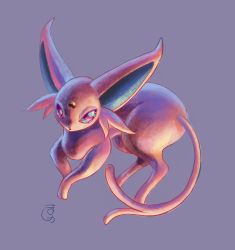Rule 34 | blue pupils, commentary request, creatures (company), espeon, forked tail, full body, game freak, gen 2 pokemon, grey background, highres, looking at viewer, masshu (shu 123426), nintendo, no humans, pokemon, pokemon (creature), procreate (medium), purple eyes, simple background, solo, tail