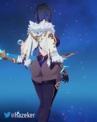 Rule 34 | 3d, animated, ass, blue eyes, blue hair, coat, coat on shoulders, genshin impact, hazeker, holding, holding weapon, leotard, lowres, mihoyo, multiple views, revealing clothes, tagme, thick thighs, thighhighs, thighs, turnaround, video, weapon, wide hips, yelan (genshin impact)