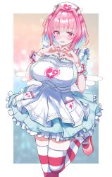 Rule 34 | 1girl, absurdres, angel wings, aqua dress, armband, blue hair, blurry, blurry background, blush, bob cut, breasts, choker, collarbone, colored inner hair, dress, ease yana (airse yana), fang, frilled dress, frilled wristband, frills, hair intakes, hat, heart, heart hands, heart on chest, heart print, highres, idolmaster, idolmaster cinderella girls, idolmaster cinderella girls starlight stage, large breasts, leg up, light blue hair, looking at viewer, mary janes, multicolored hair, multicolored stripes, nurse cap, open mouth, pinafore dress, pink choker, pink eyes, pink footwear, pink hair, raised eyebrows, shoes, short sleeves, sleeveless, sleeveless dress, solo, sparkle print, striped clothes, striped thighhighs, thighhighs, thighs, two-tone hair, white background, wings, yumemi riamu, zipper pull tab