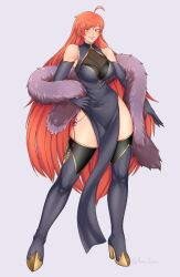 Rule 34 | 1girl, absurdres, breasts, cleavage, commentary, curvy, emma pressure, english commentary, full body, highres, large breasts, legs, long hair, orange hair, see-through, simple background, smile, solo, thighhighs, wide hips, yellow eyes